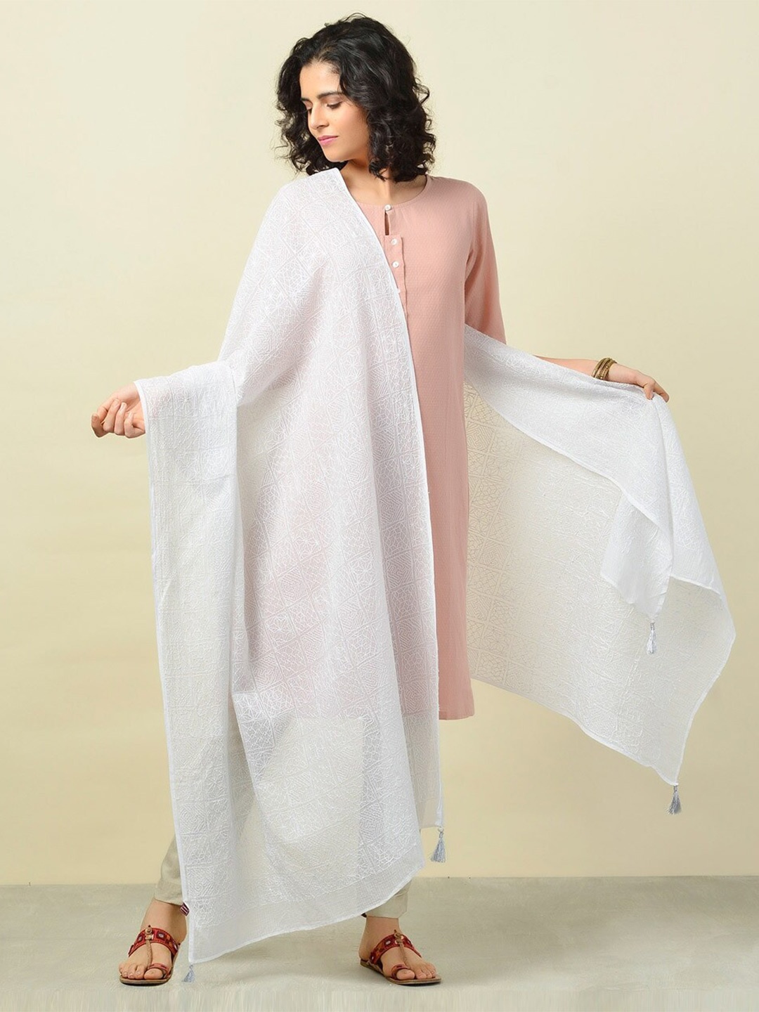 

Fabindia Embroidered Cotton Silk Dupatta with Thread Work, White
