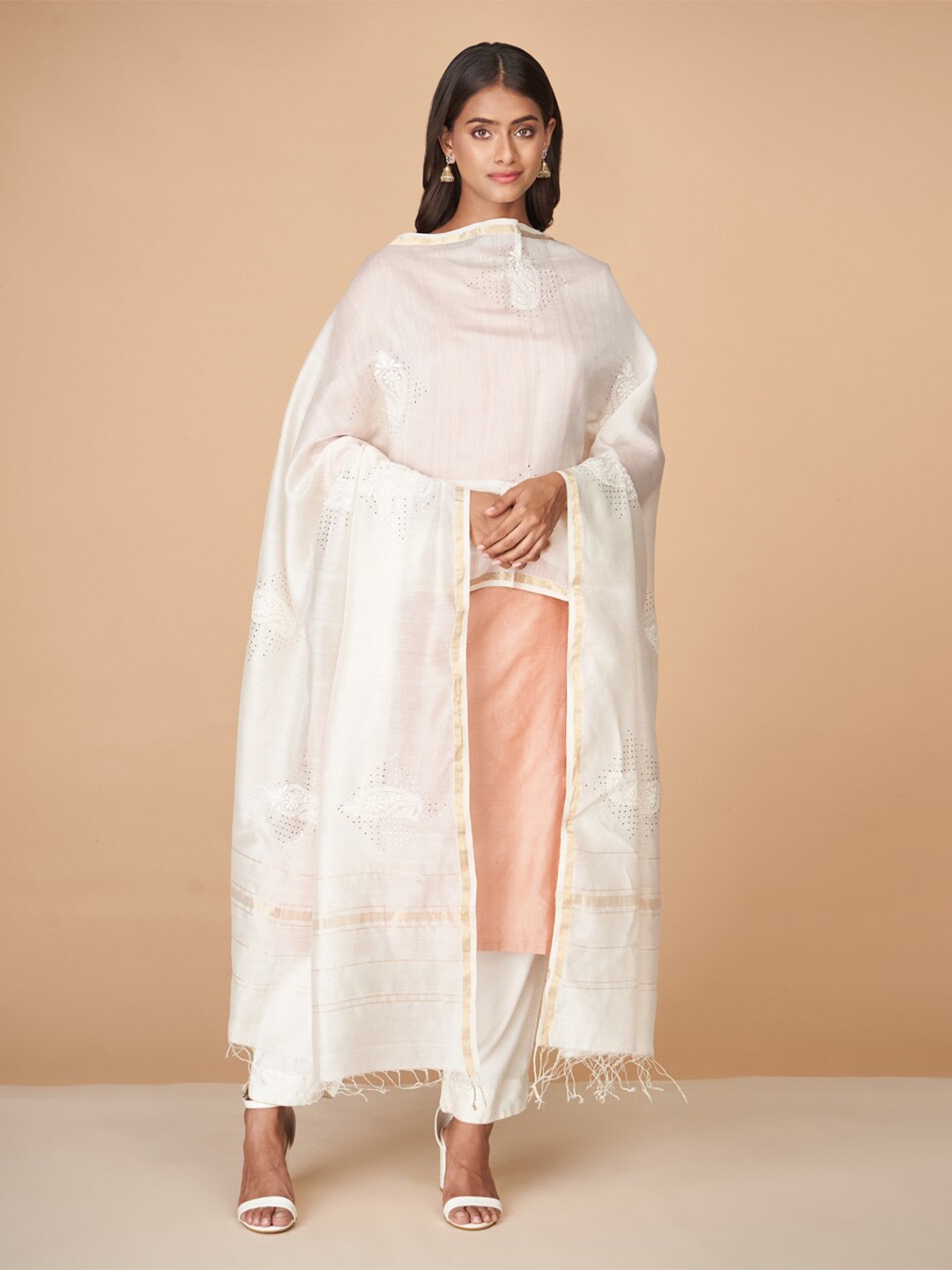

Fabindia Ethnic Motifs Woven Design Cotton Silk Dupatta with Zari, Off white