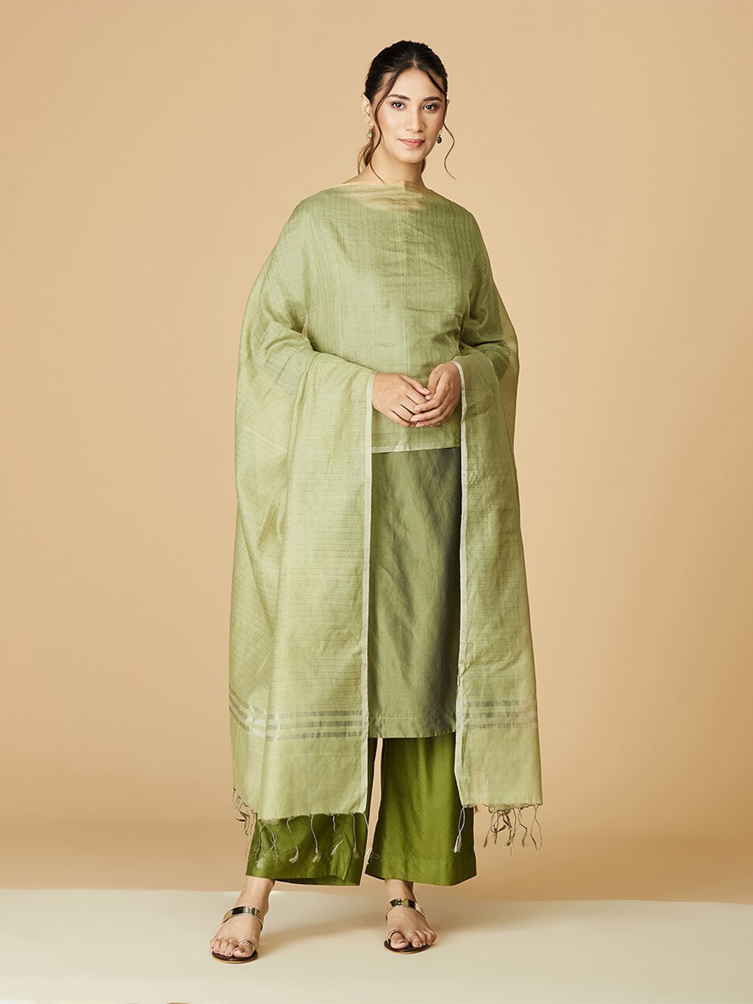 

Fabindia Woven Design Cotton Silk Dupatta with Zari, Green