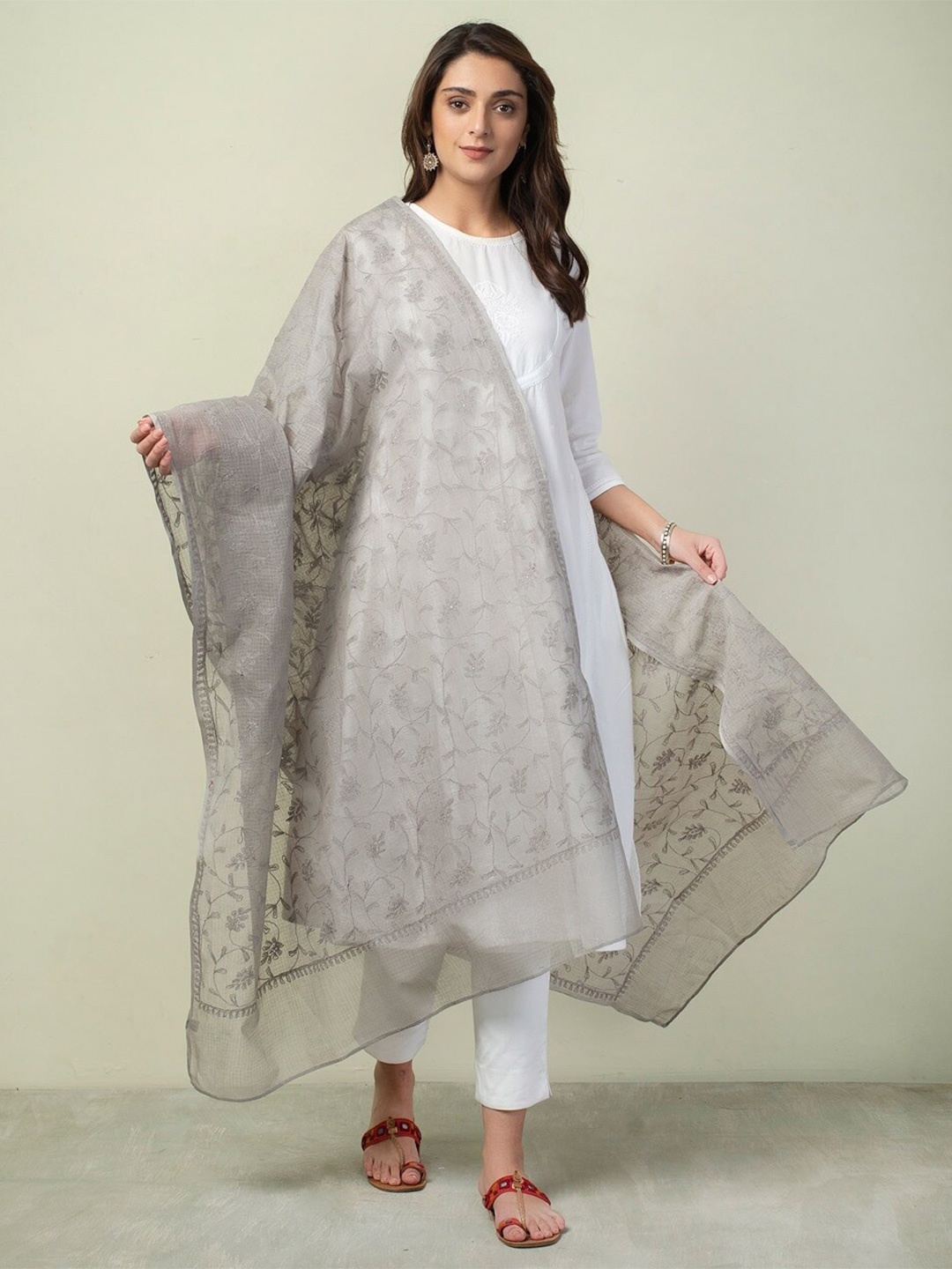 

Fabindia Ethnic Motifs Embroidered Cotton Silk Dupatta with Chikankari, Grey