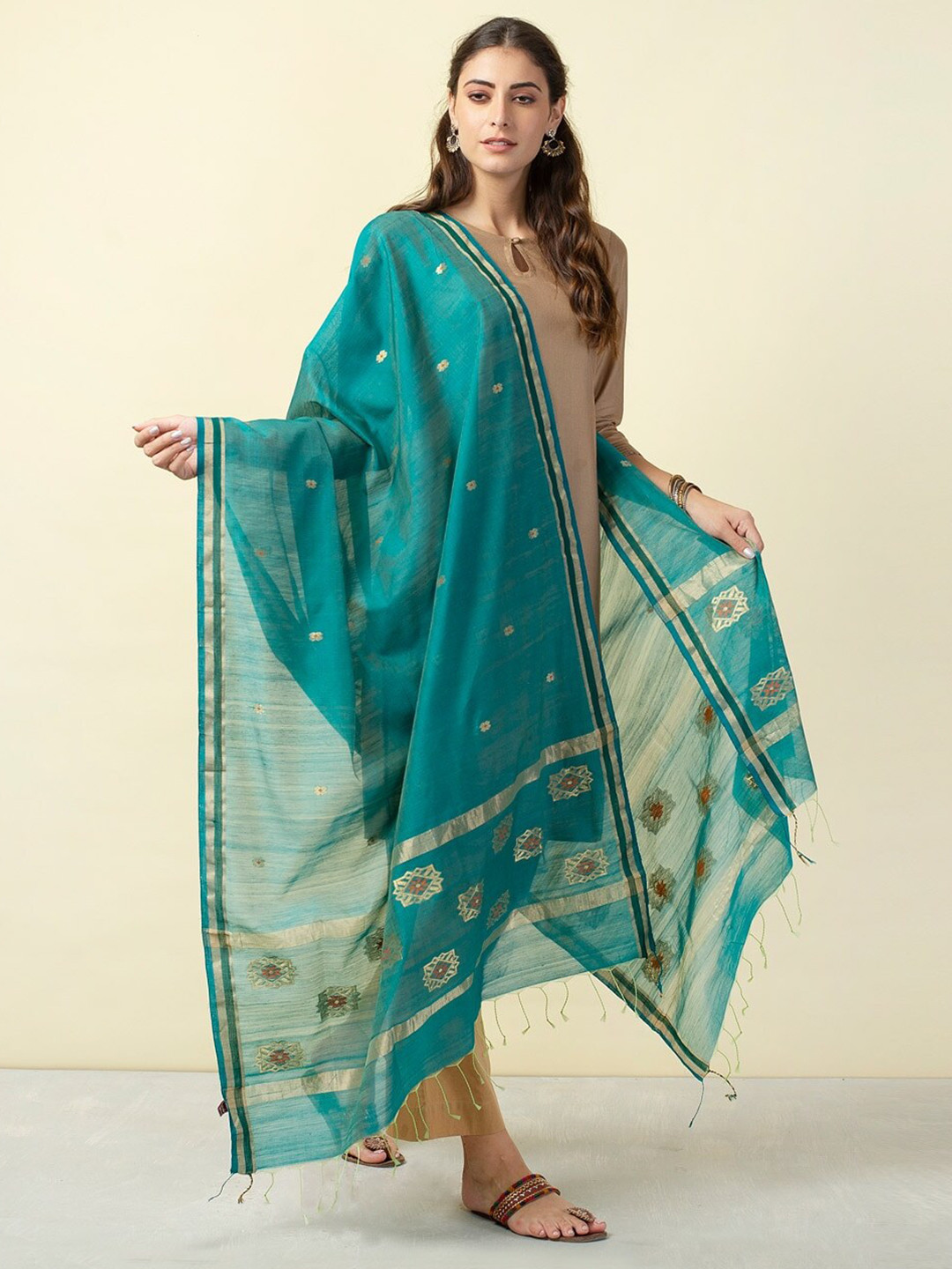 

Fabindia Ethnic Motifs Woven Design Cotton Silk Batik Dupatta, Teal