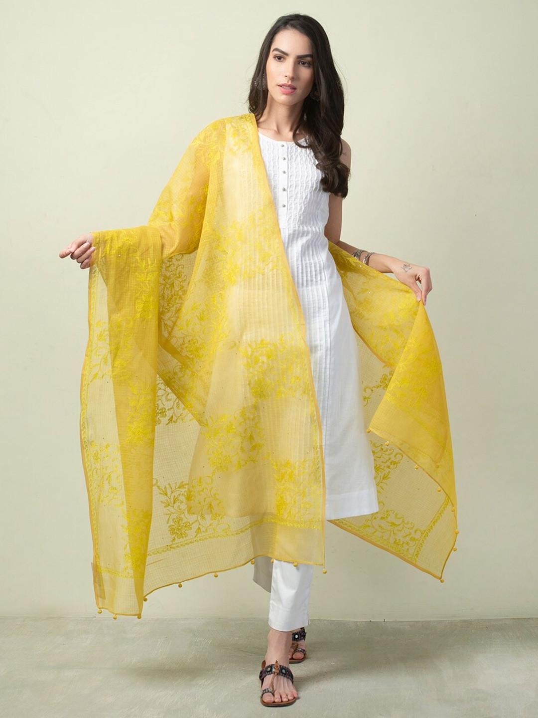 

Fabindia Embroidered Cotton Silk Dupatta with Chikankari, Yellow