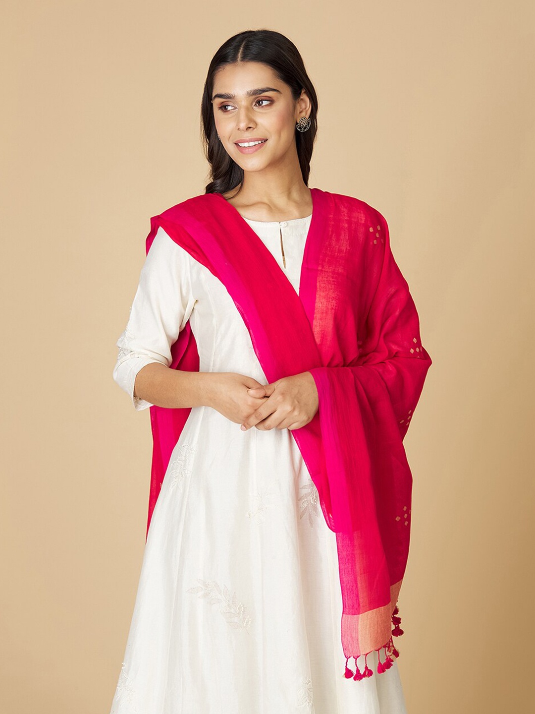 

Fabindia Ethnic Motifs Woven Design Pure Cotton Dupatta with Zari, Red