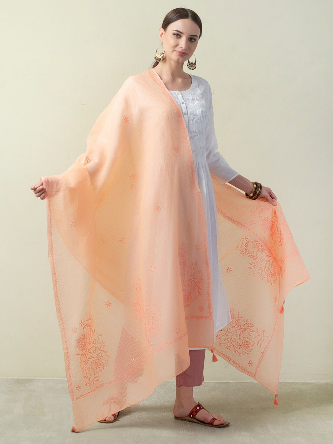 

Fabindia Embroidered Cotton Silk Dupatta with Chikankari, Peach