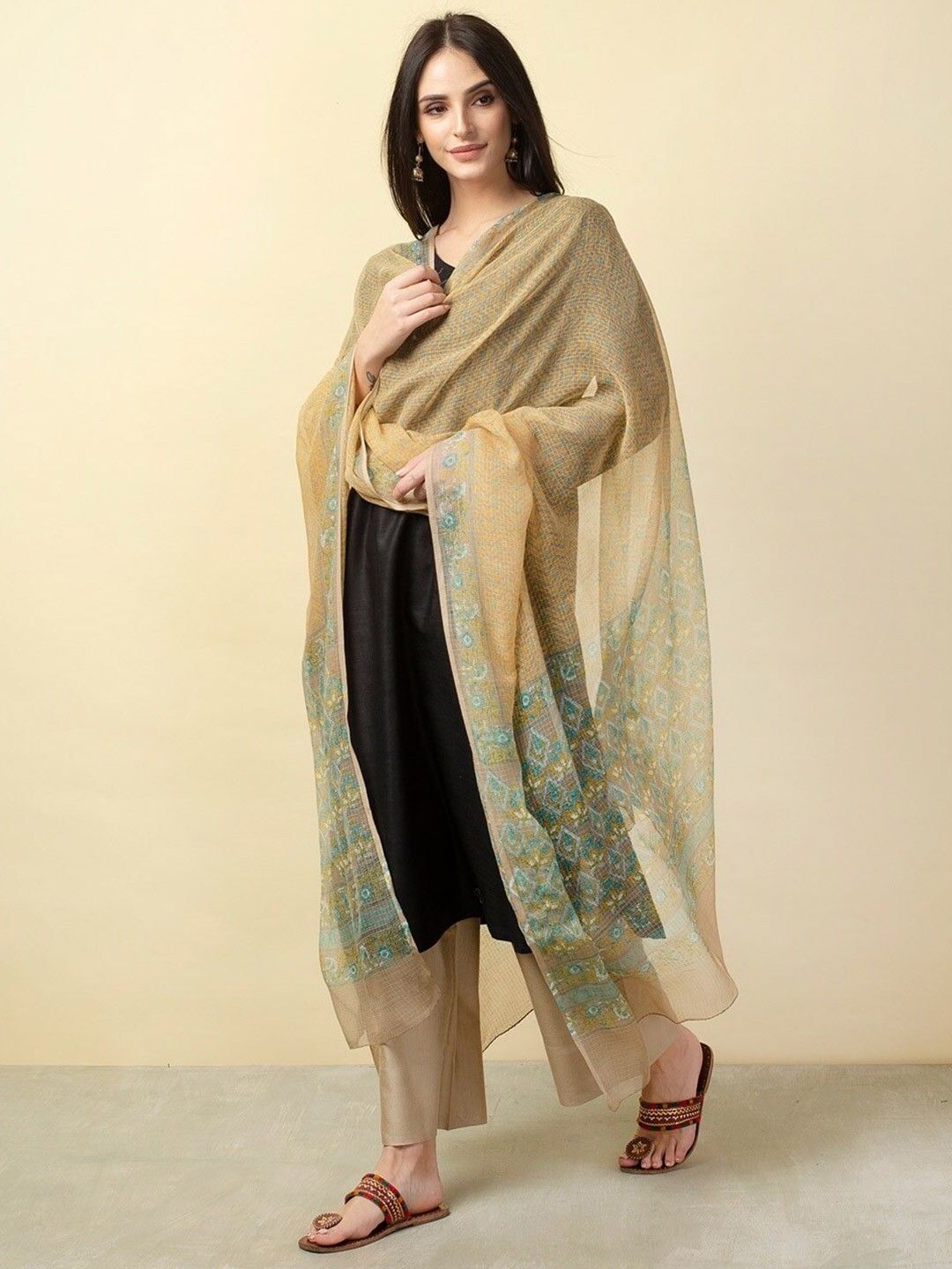 

Fabindia Ethnic Motifs Printed Cotton Silk Block Print Dupatta, Beige