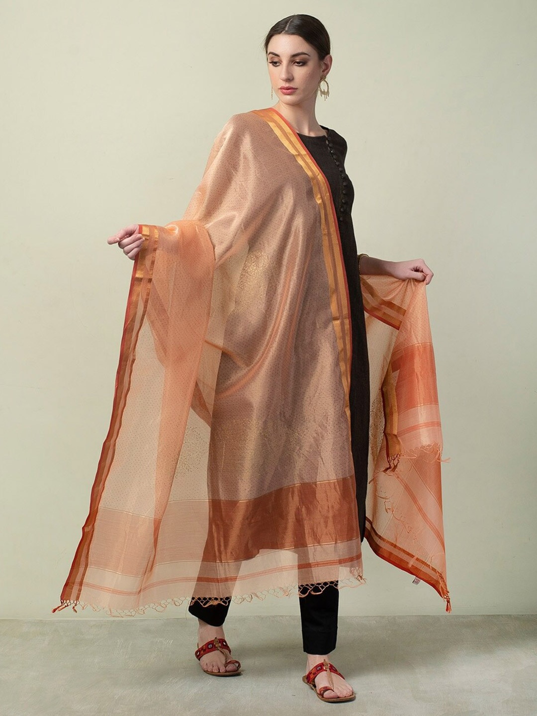 

Fabindia Printed Cotton Silk Block Print Dupatta with Zari, Peach