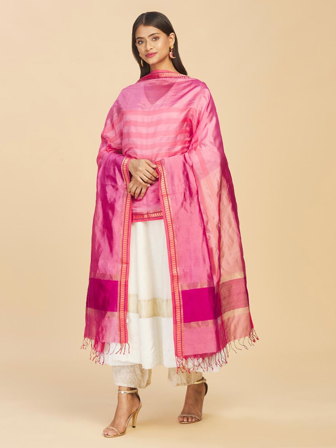 

Fabindia Tasselled Border Dupatta, Pink