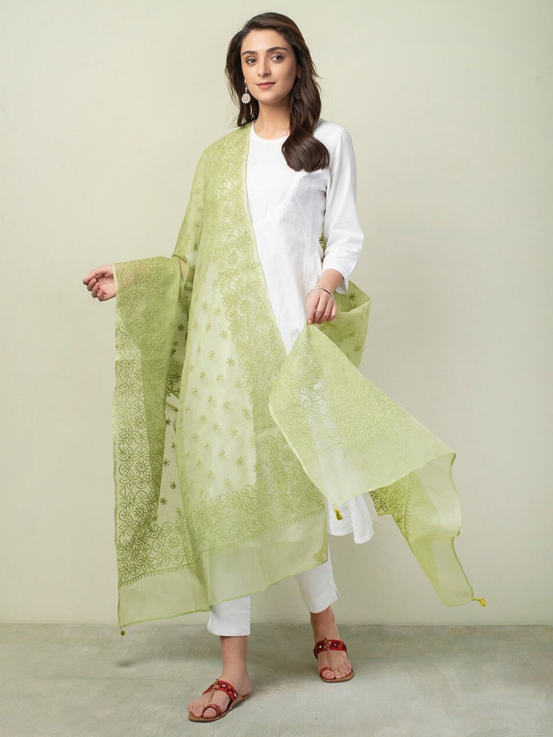 

Fabindia Embroidered Cotton Silk Dupatta with Chikankari, Green