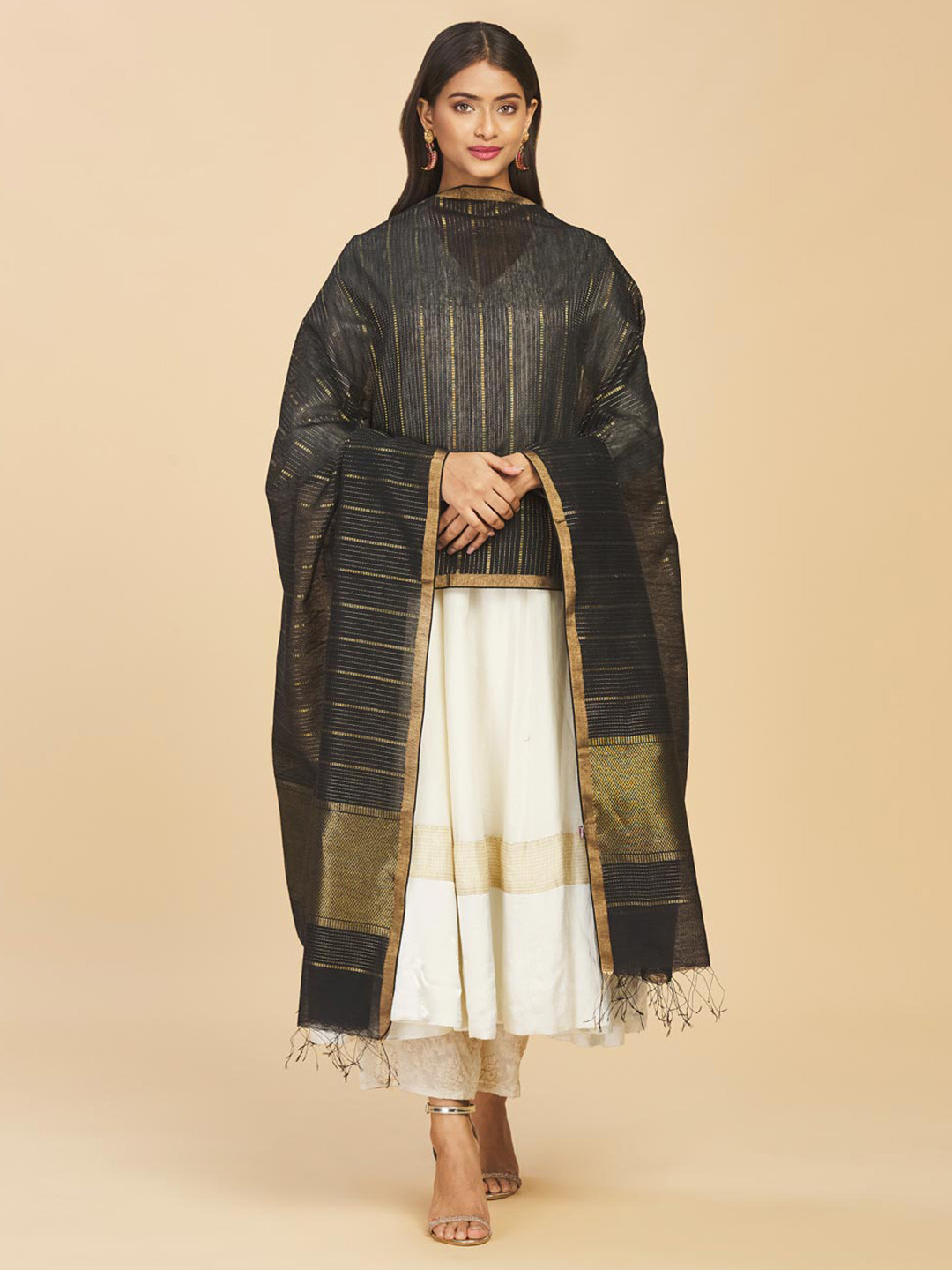 

Fabindia Woven Design Cotton Silk Dupatta with Zari, Black