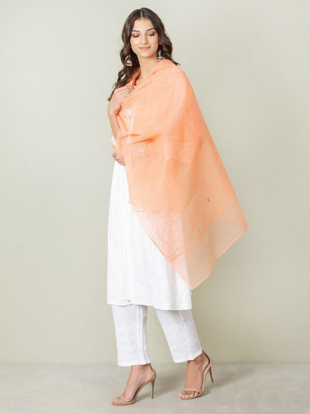 

Fabindia Embroidered Cotton Silk Dupatta with Chikankari, Coral