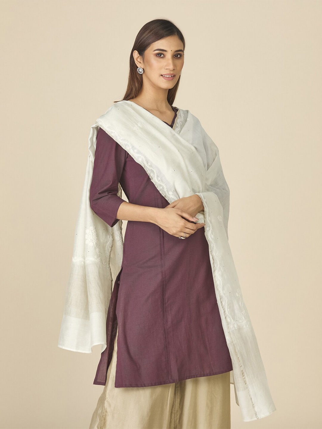 

Fabindia Embroidered Cotton Silk Dupatta, White