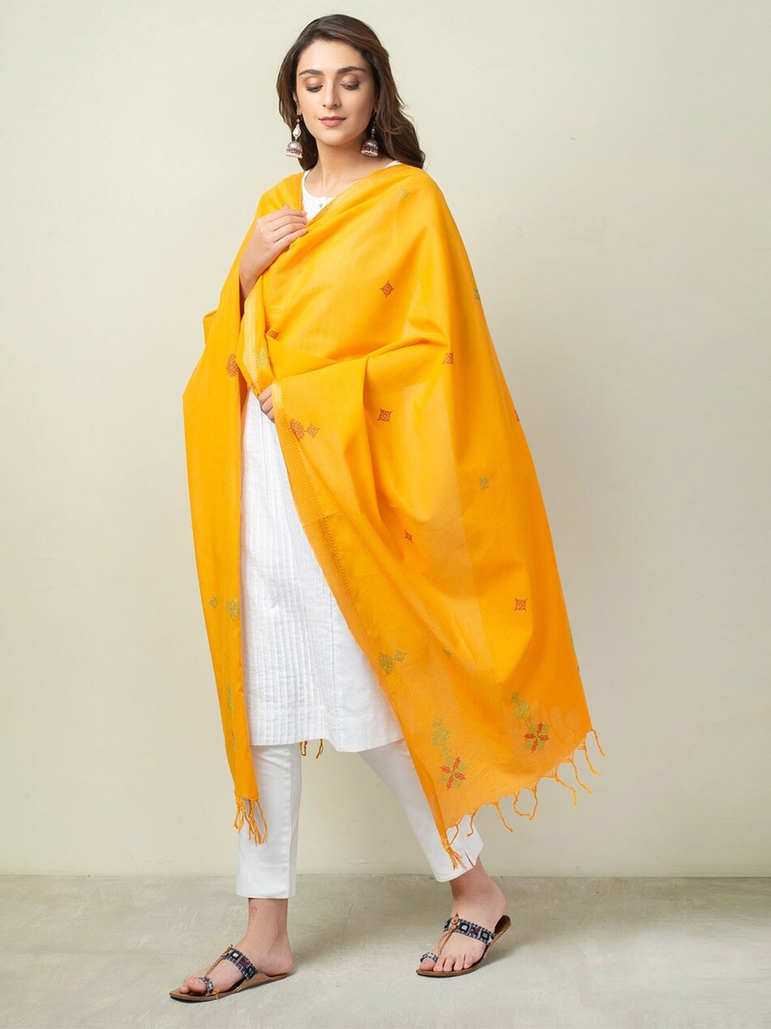 

Fabindia Ethnic Motifs Embroidered Pure Cotton Dupatta, Yellow