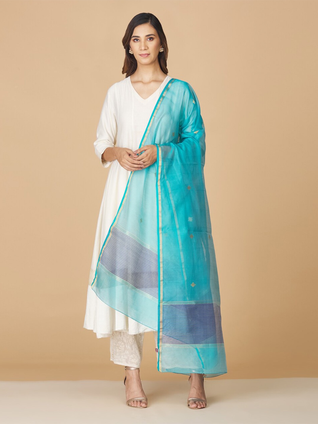 

Fabindia Ethnic Motifs Woven Design Cotton Silk Dupatta with Zari, Turquoise blue