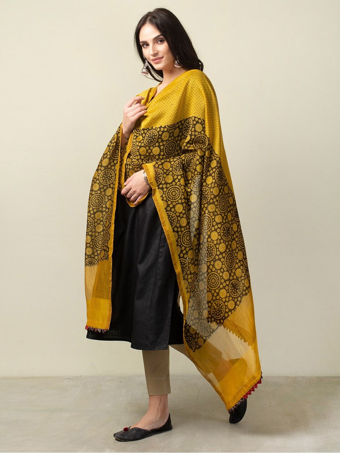 

Fabindia Ethnic Motifs Printed Cotton Silk Dupatta, Mustard