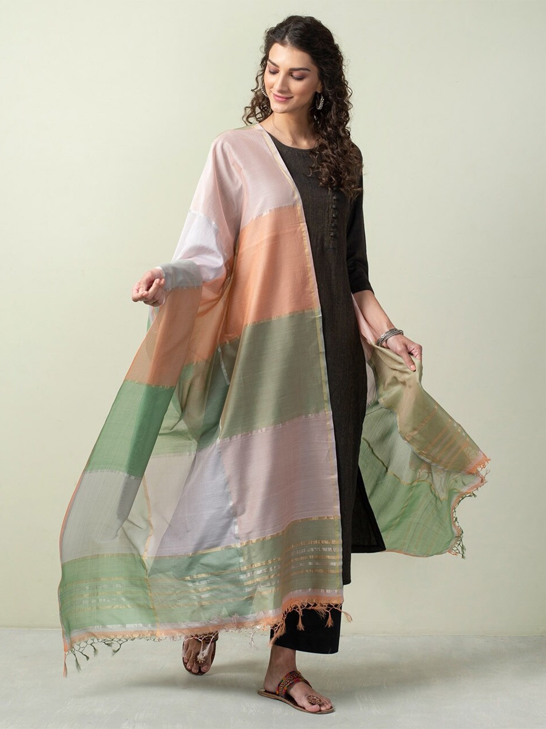 

Fabindia Checked Cotton Silk Dupatta, Coral
