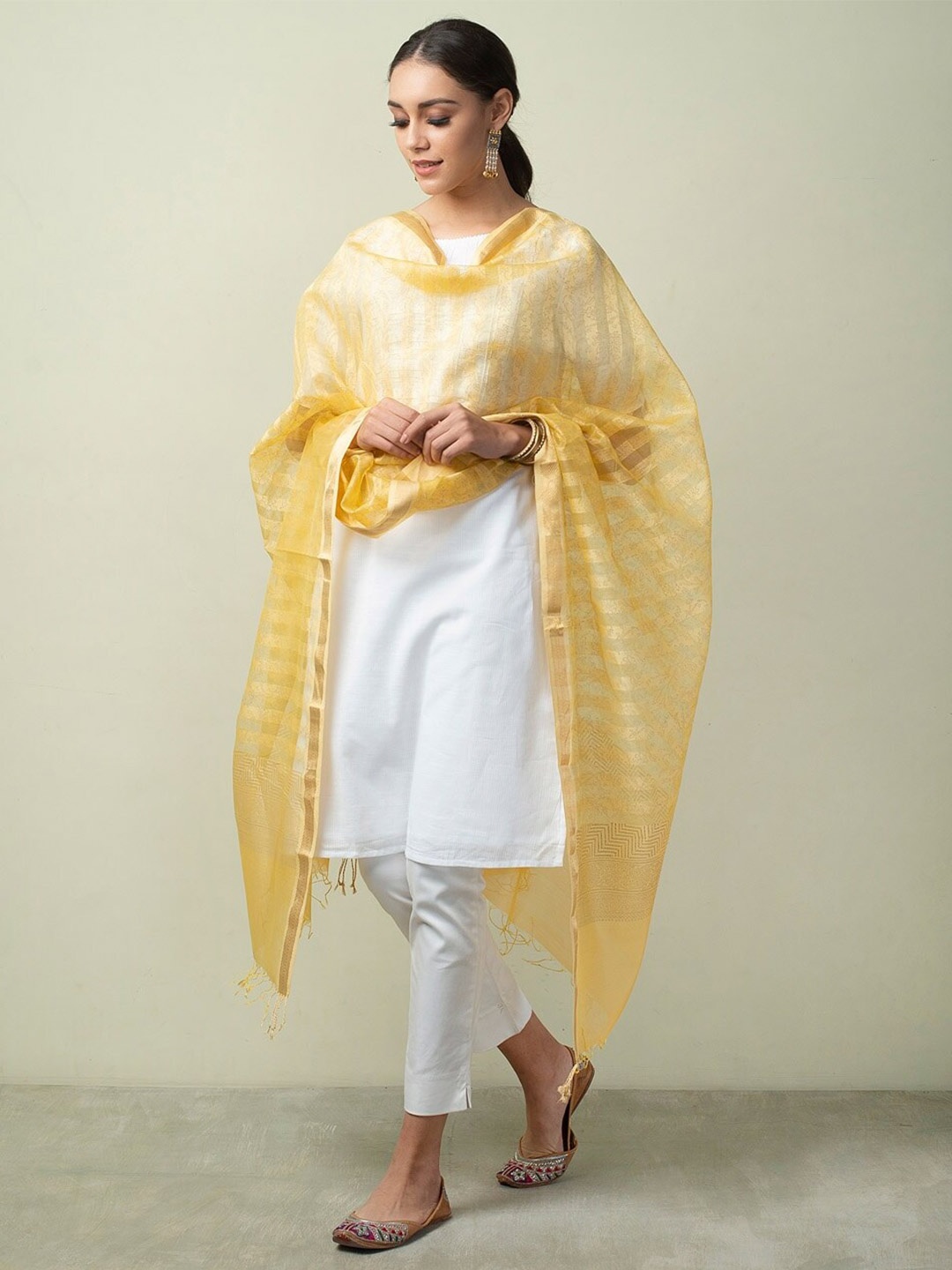 

Fabindia Printed Cotton Silk Block Print Dupatta with Zari, Yellow