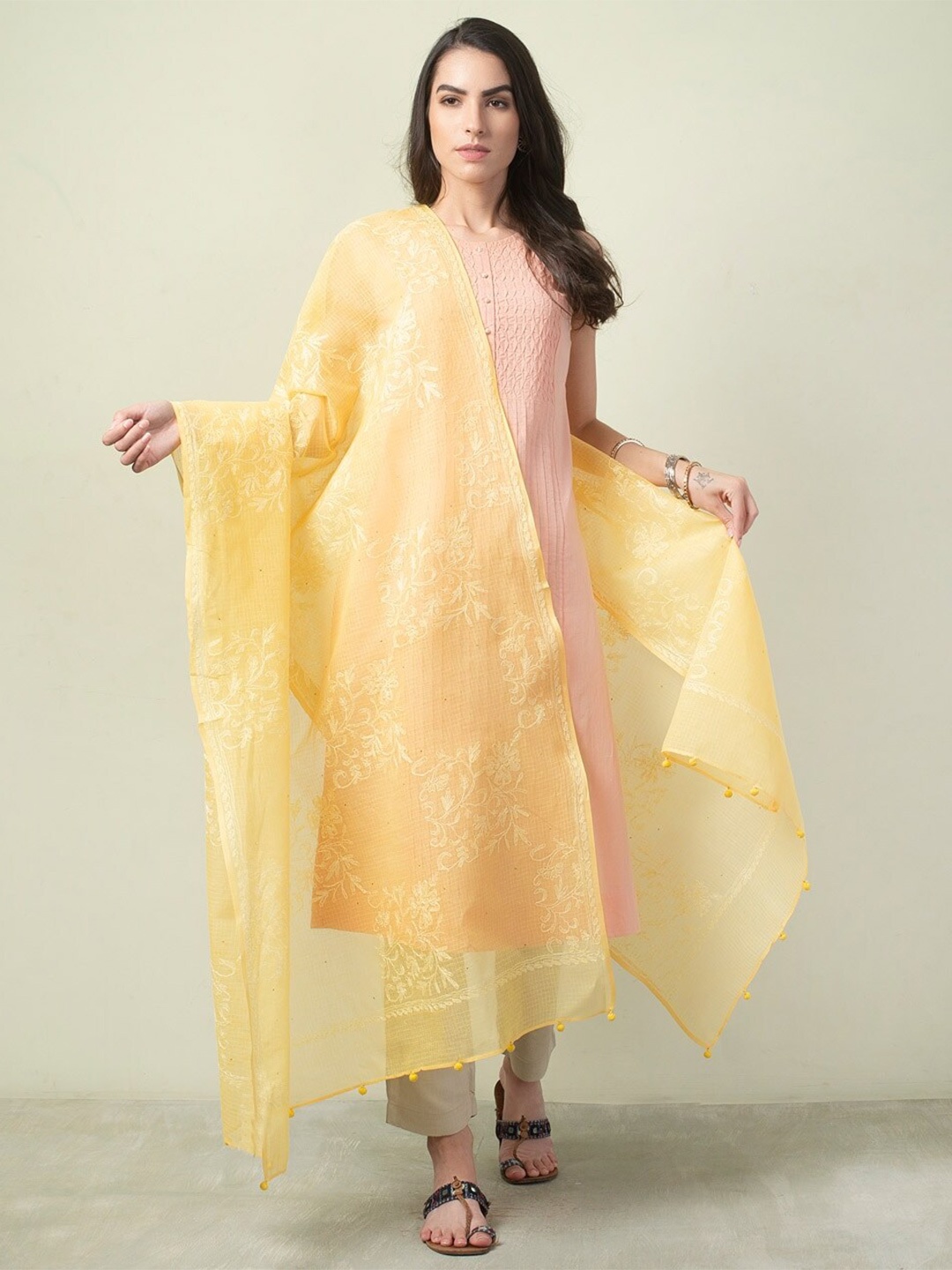 

Fabindia Embroidered Cotton Silk Dupatta, Yellow