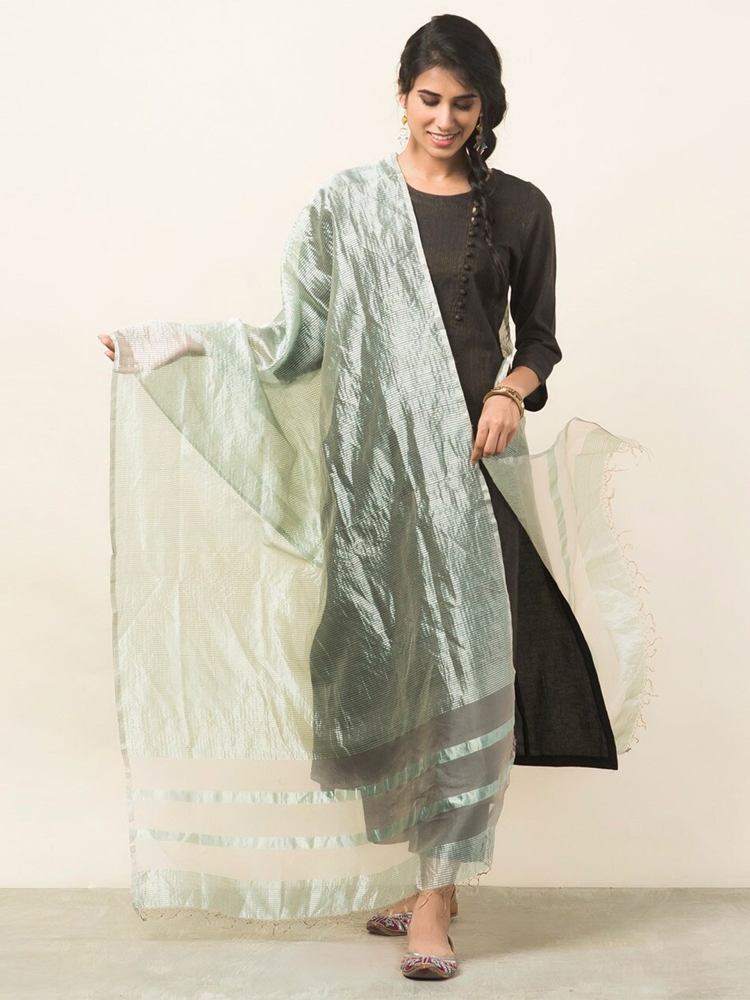 

Fabindia Striped Cotton Silk Dupatta With Zari, Blue