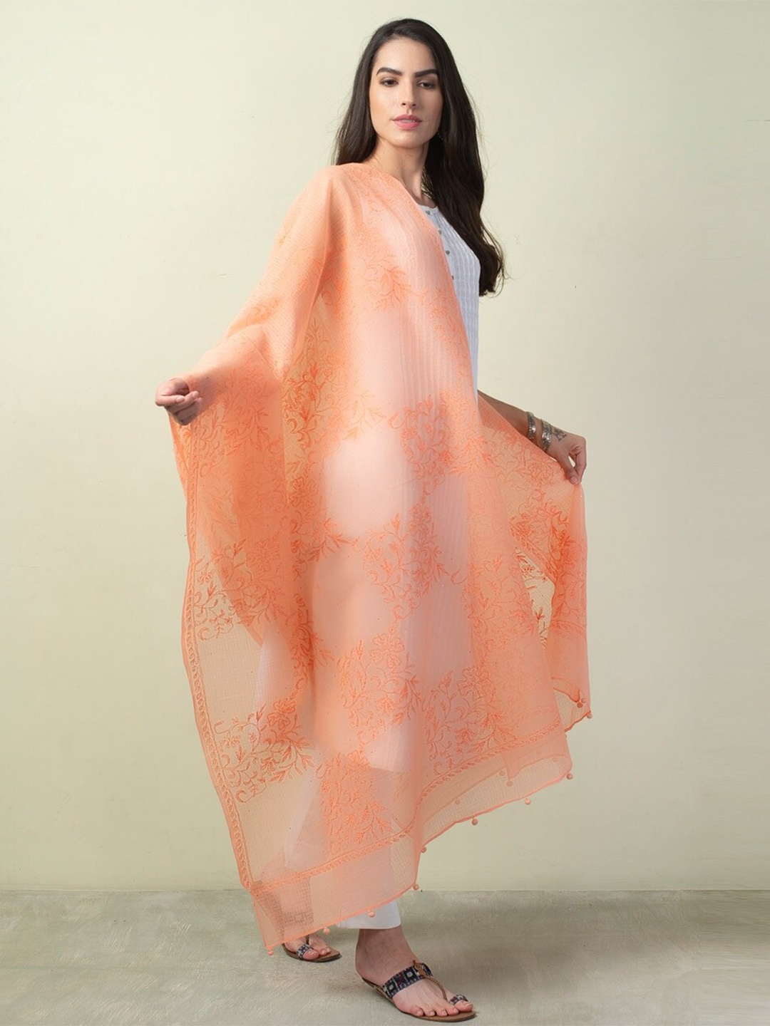 

Fabindia Embroidered Cotton Silk Dupatta, Peach