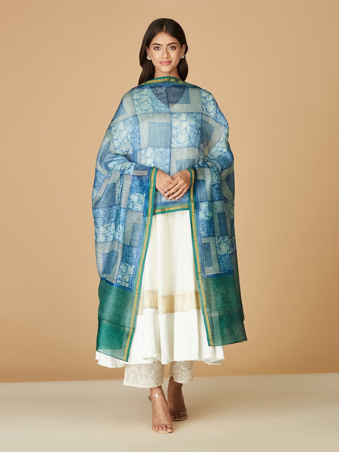 

Fabindia Printed Cotton Silk Dupatta With Zari, Teal