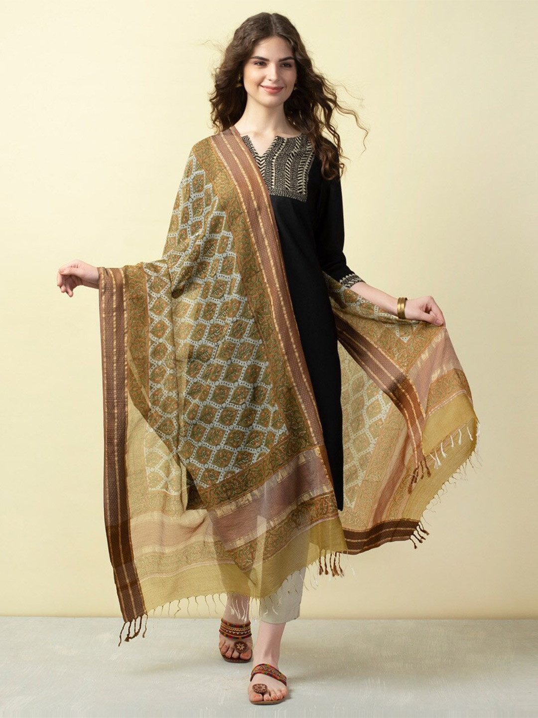 

Fabindia Ethnic Motifs Printed Cotton Silk Dupatta, Brown