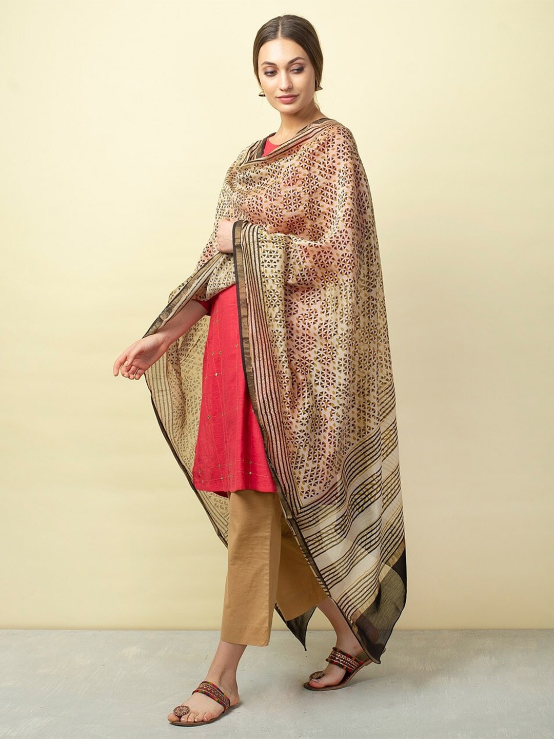 

Fabindia Printed Cotton Silk Dupatta, Beige