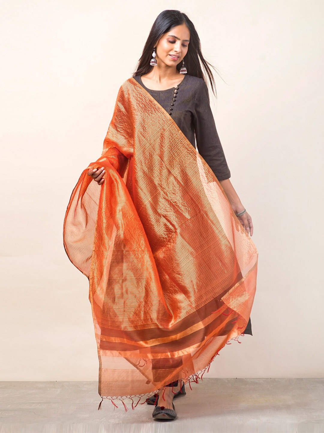 

Fabindia Striped Cotton Silk Dupatta with Zari, Rust