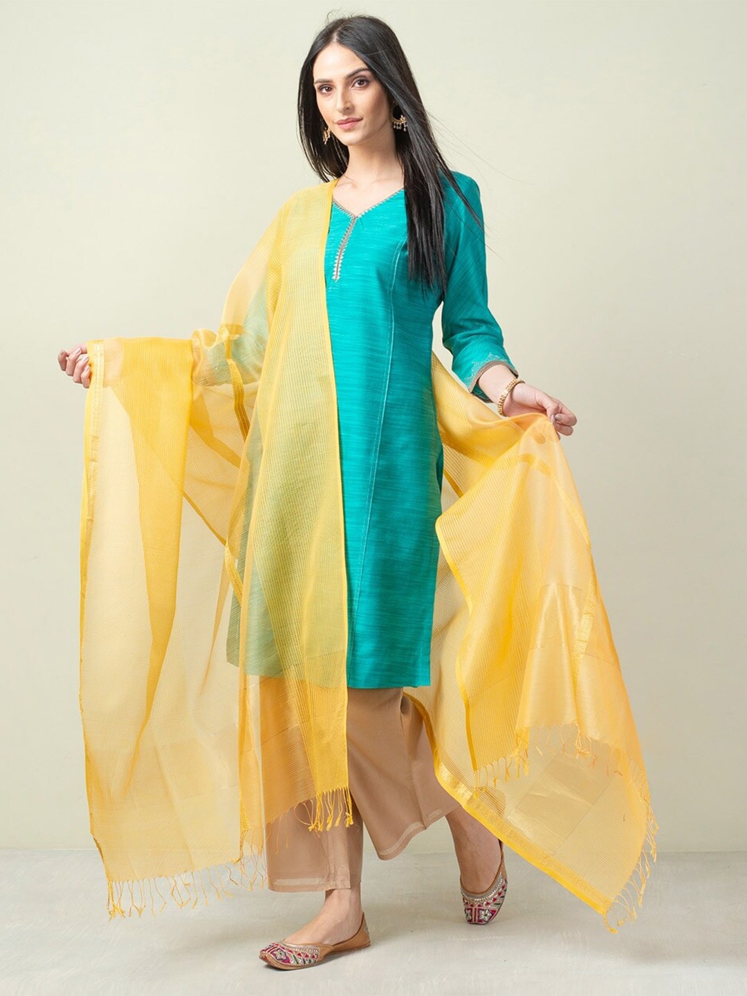 

Fabindia Woven Design Cotton Silk Dupatta with Zari, Yellow