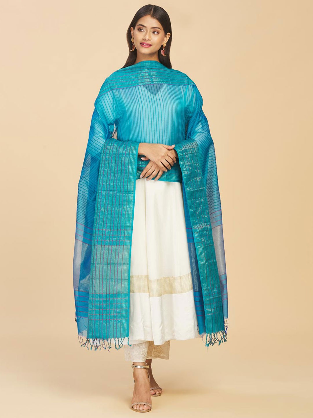 

Fabindia Striped Cotton Silk Maheshwari Dupatta, Teal