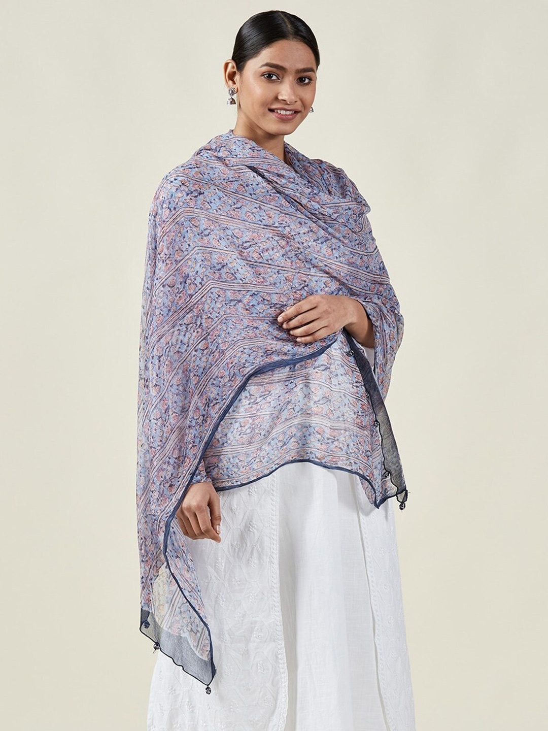 

Fabindia Floral Printed Block Print Dupatta, Blue