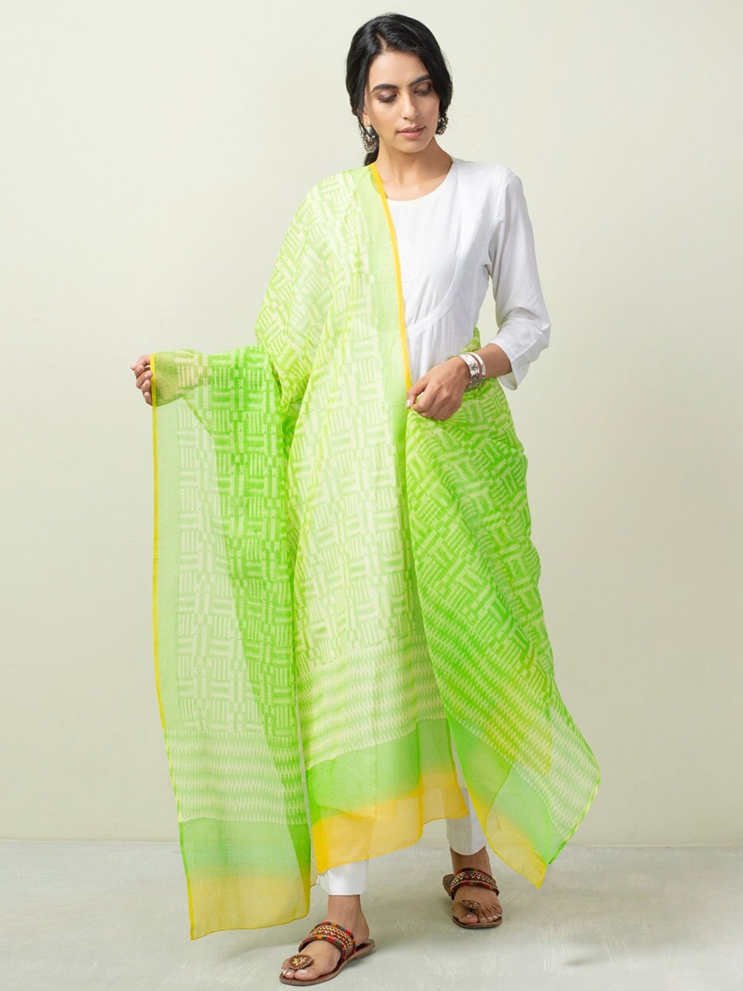 

Fabindia Printed Cotton Silk Block Print Dupatta, Green