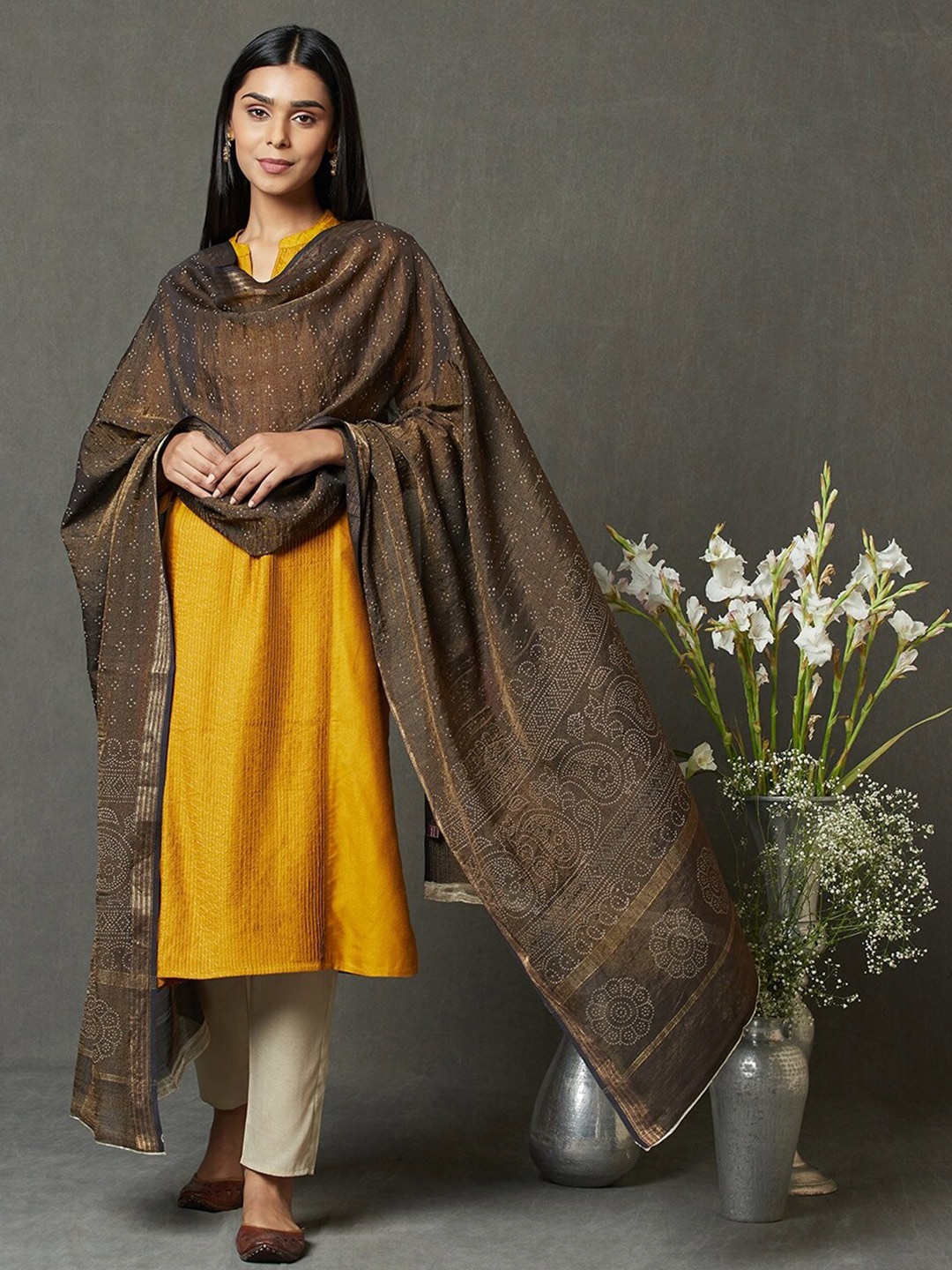 

Fabindia Printed Cotton Silk Dupatta with Zari, Black