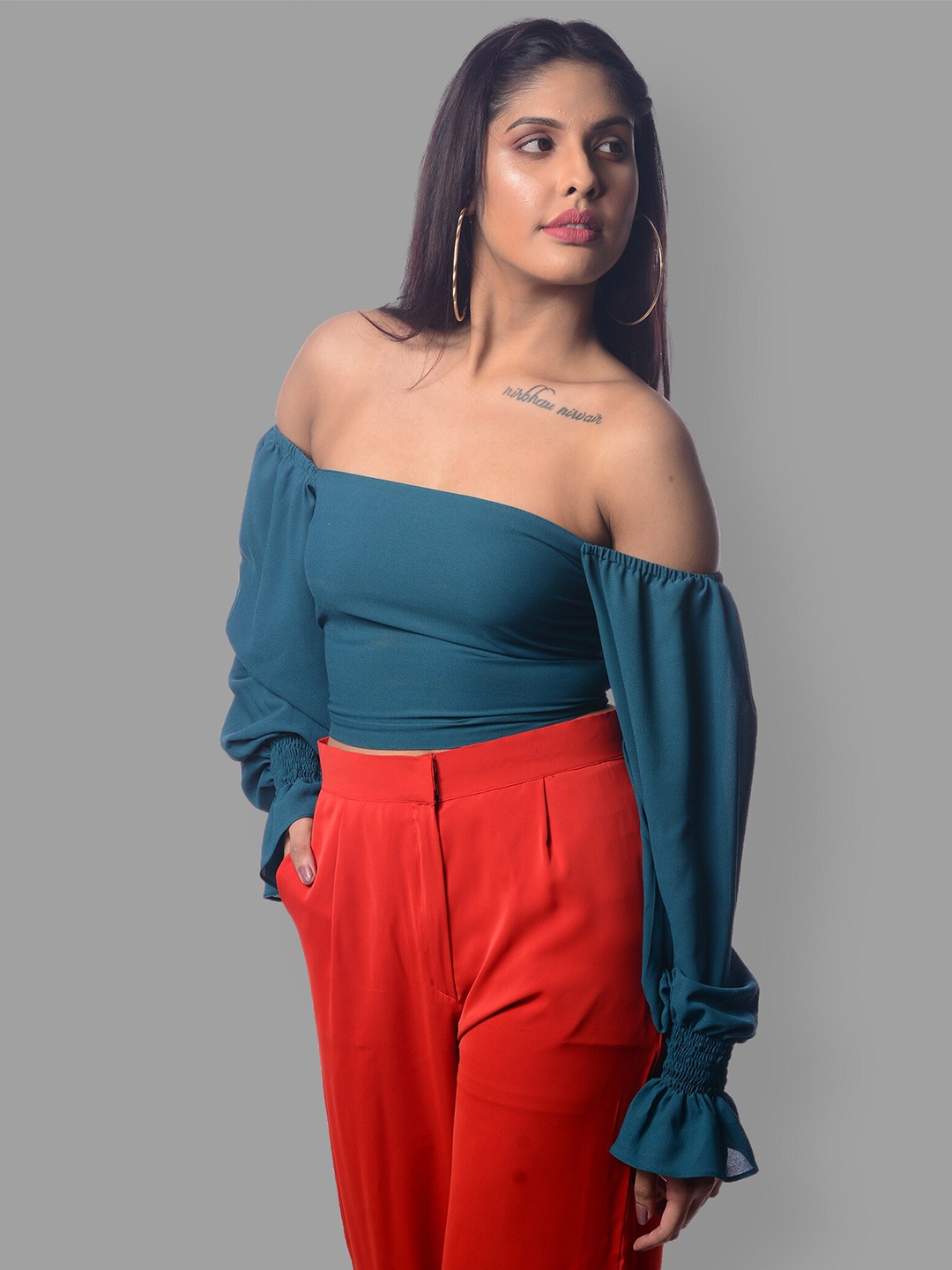

MODWEE Off-Shoulder Georgette Bardot Top, Turquoise blue
