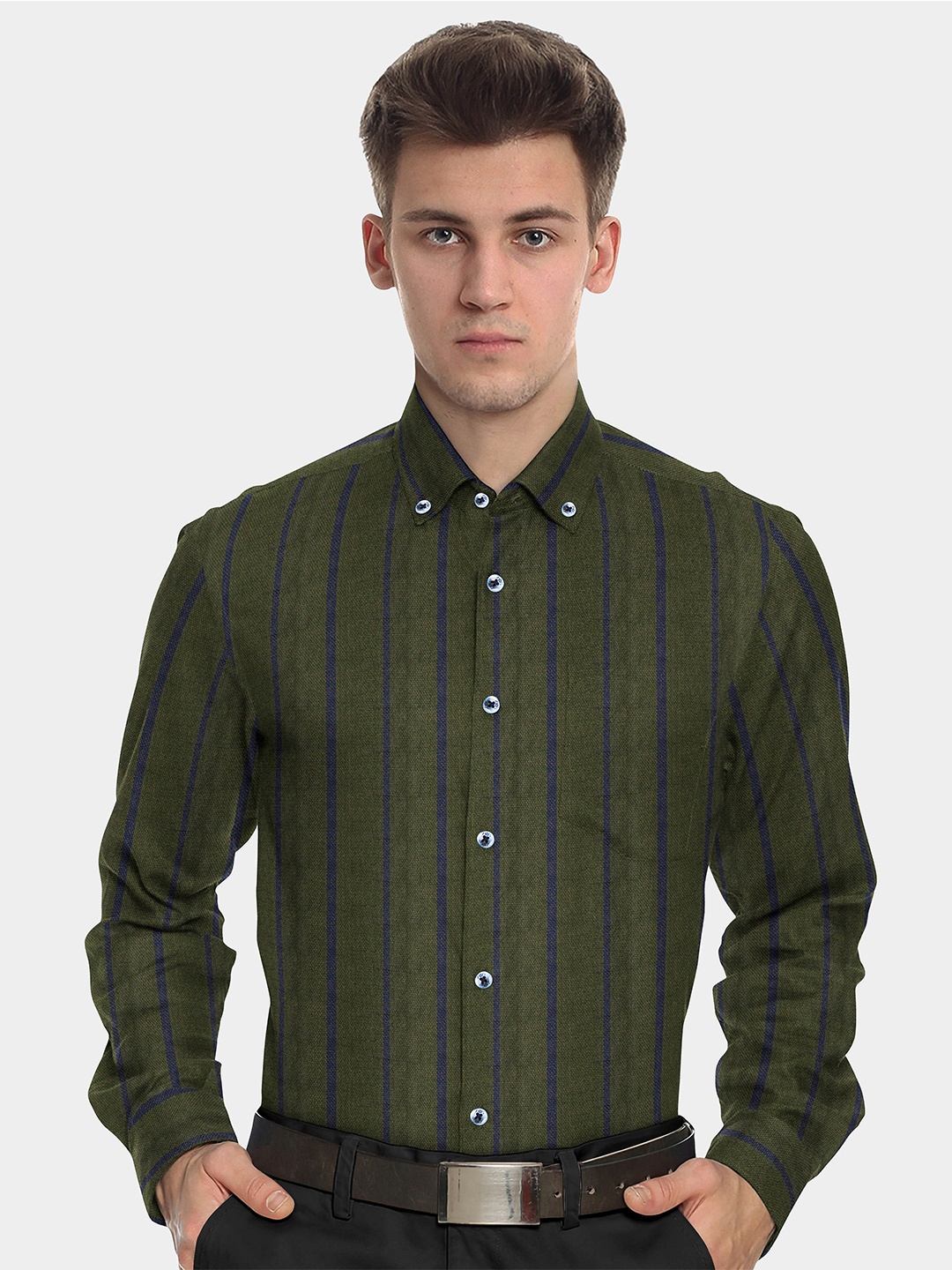 

FRENCH CROWN Men Standard Striped Cotton Formal Shirt, Green