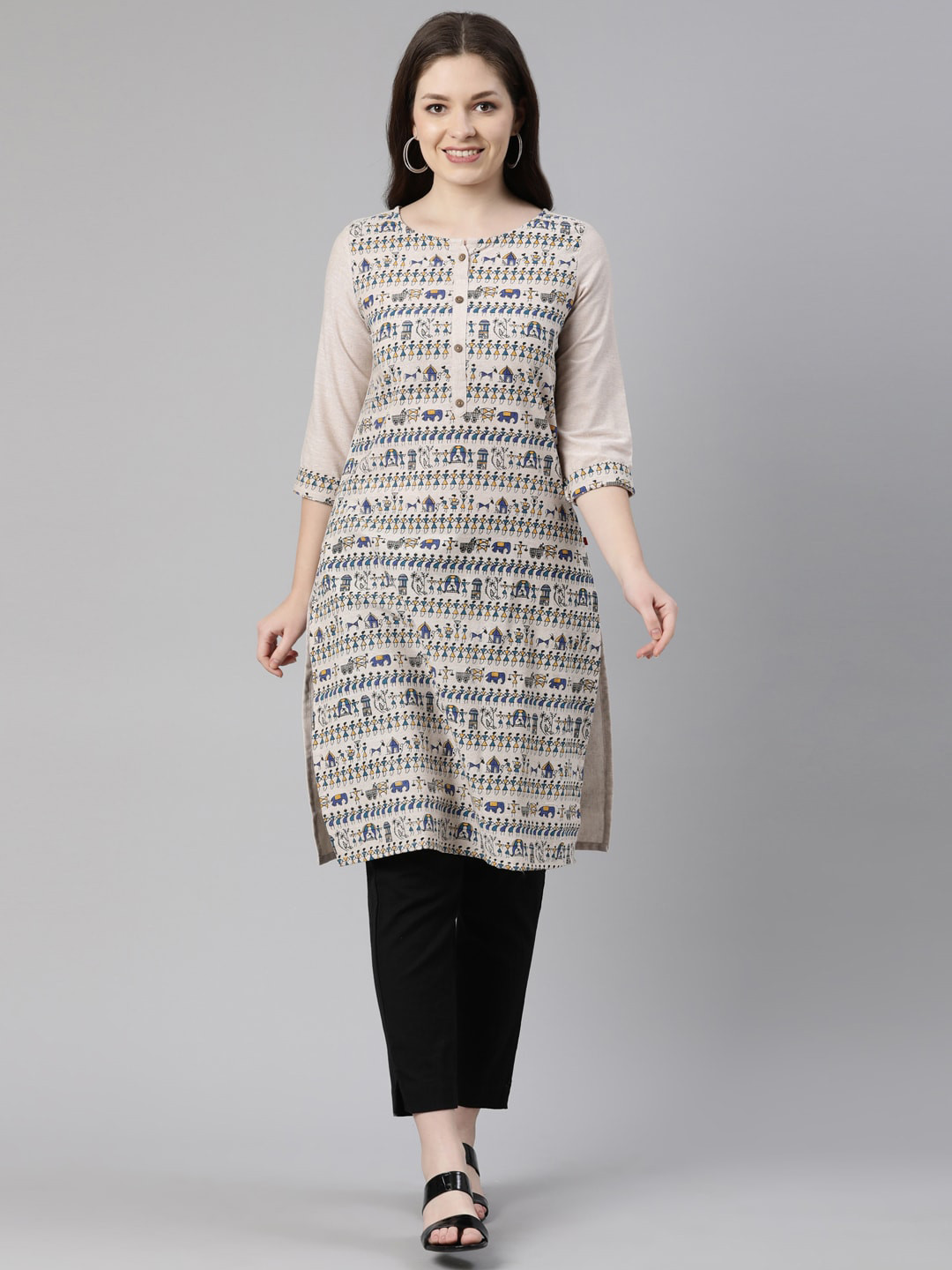 

Marcia Women Beige Printed Keyhole Neck Kurta