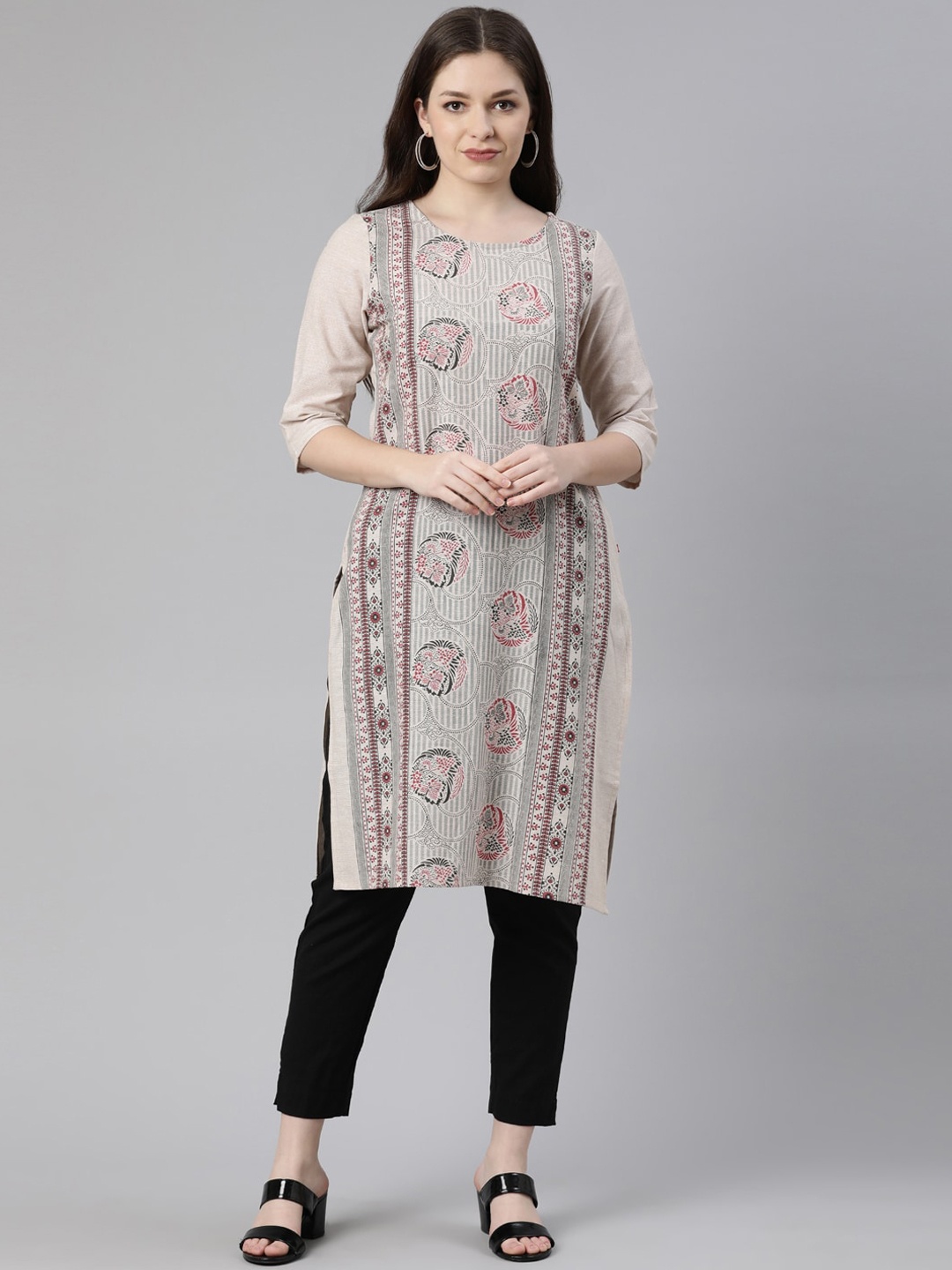 

Marcia Women Beige Ethnic Motifs Striped Keyhole Neck Kurta