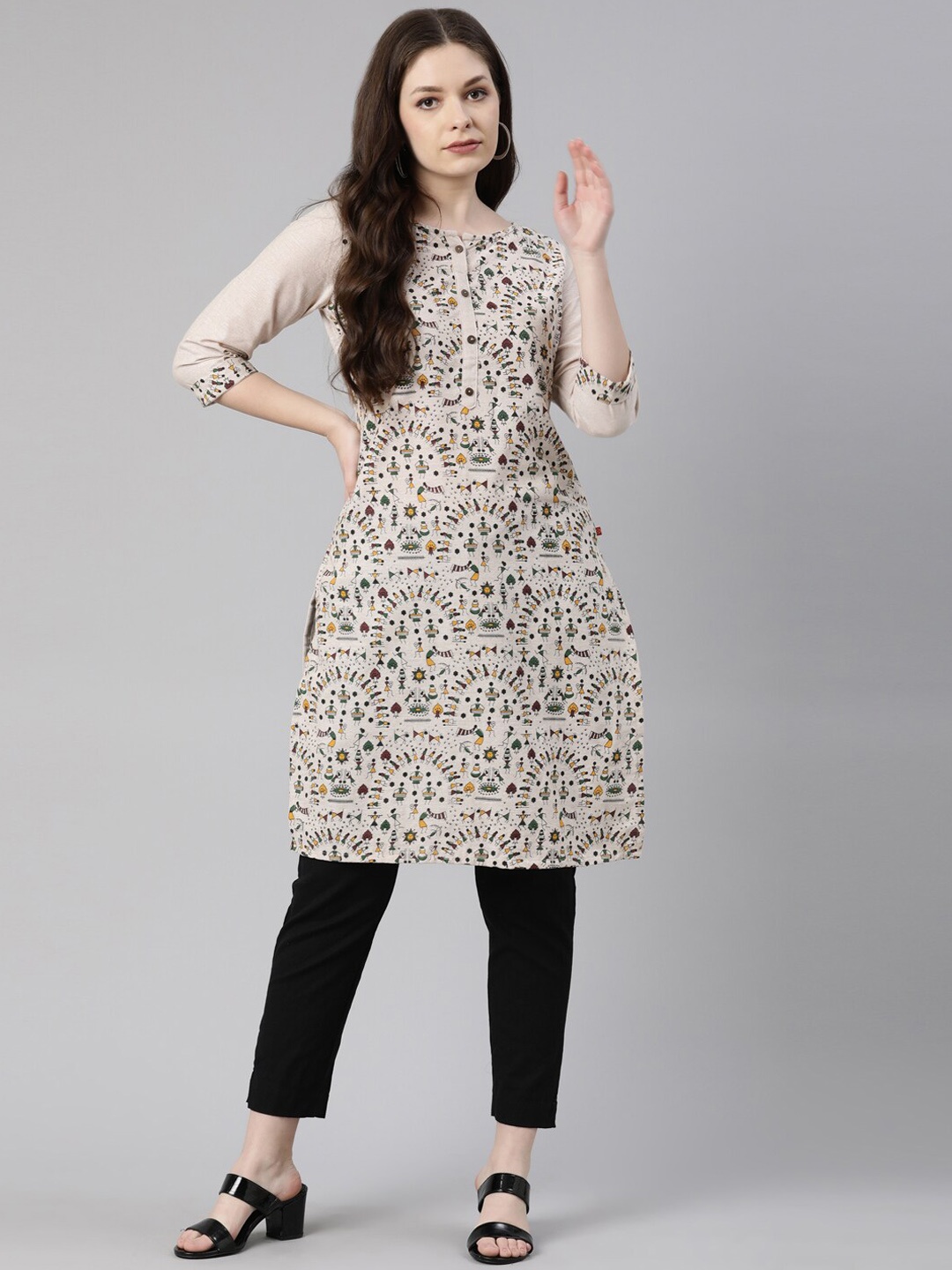 

Marcia Women Beige Printed Keyhole Neck Kurta