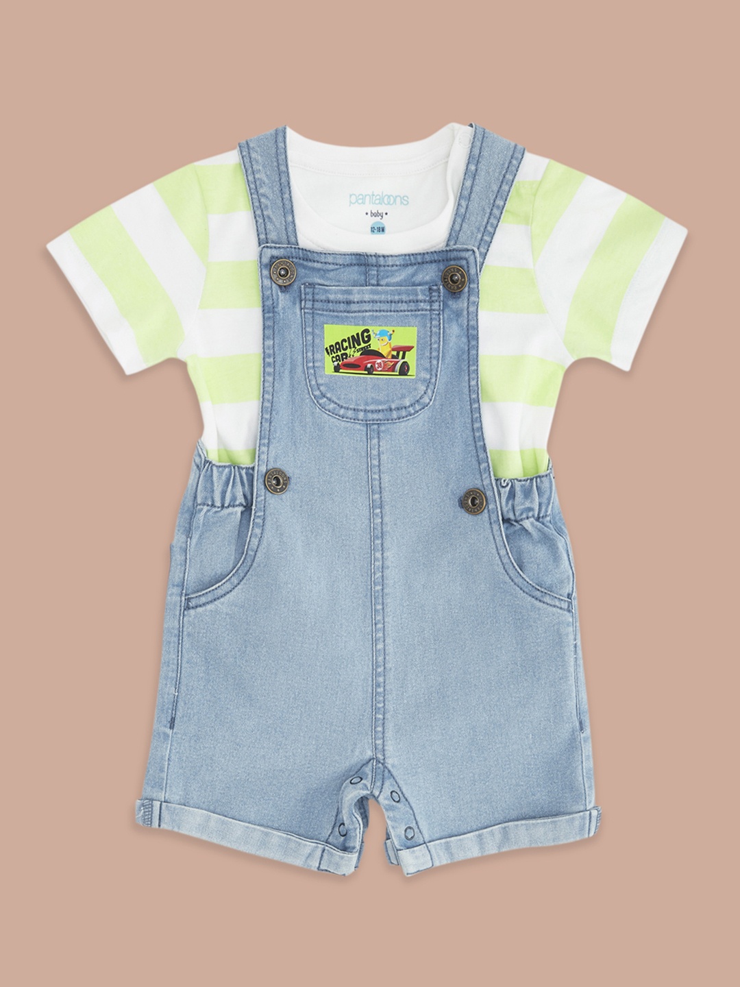 

Pantaloons Baby Boys Printed Denim Dungaree, Blue