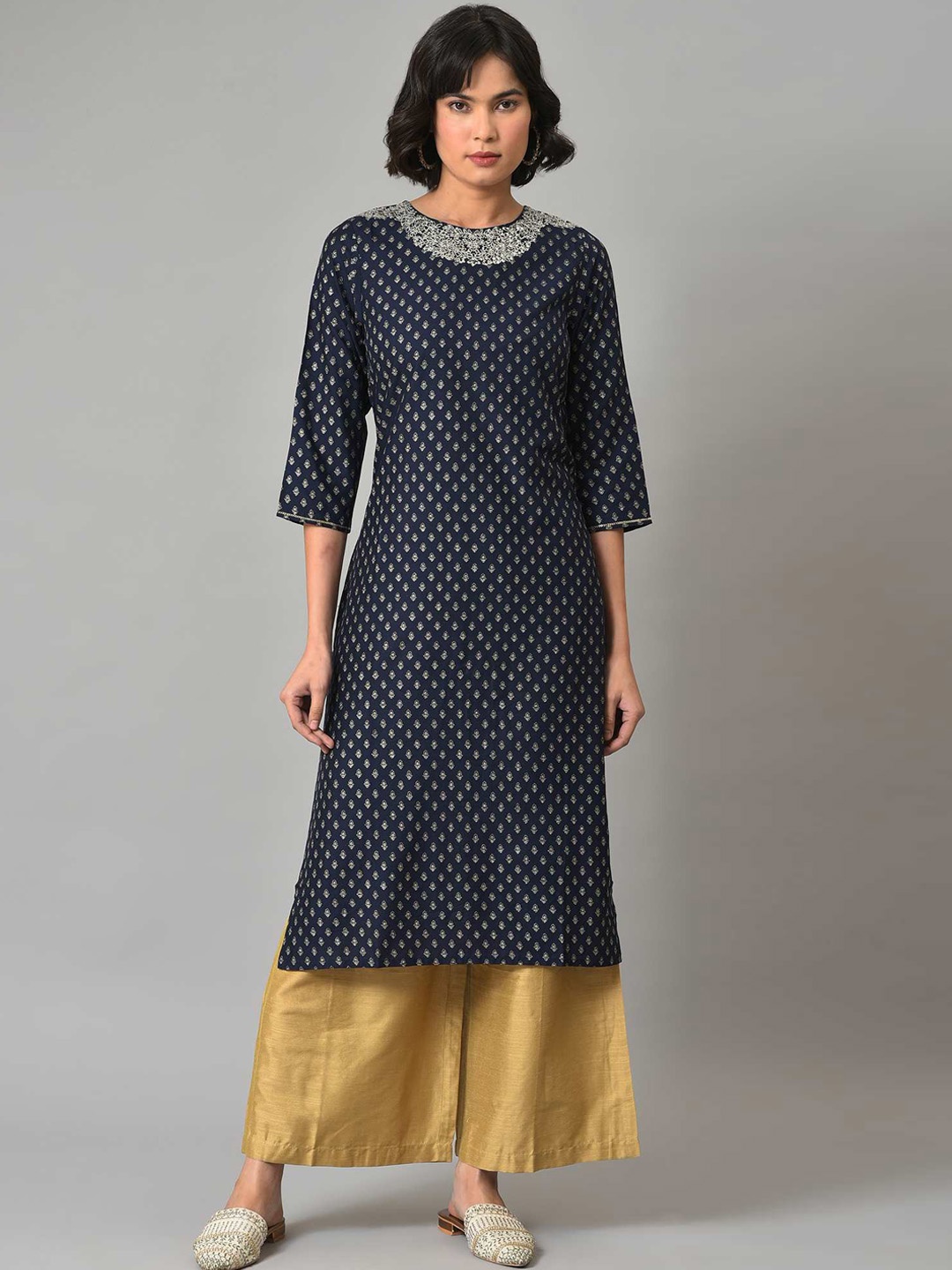 

W Ethnic Motifs Printed Round Neck Kurta with Palazzos, Blue