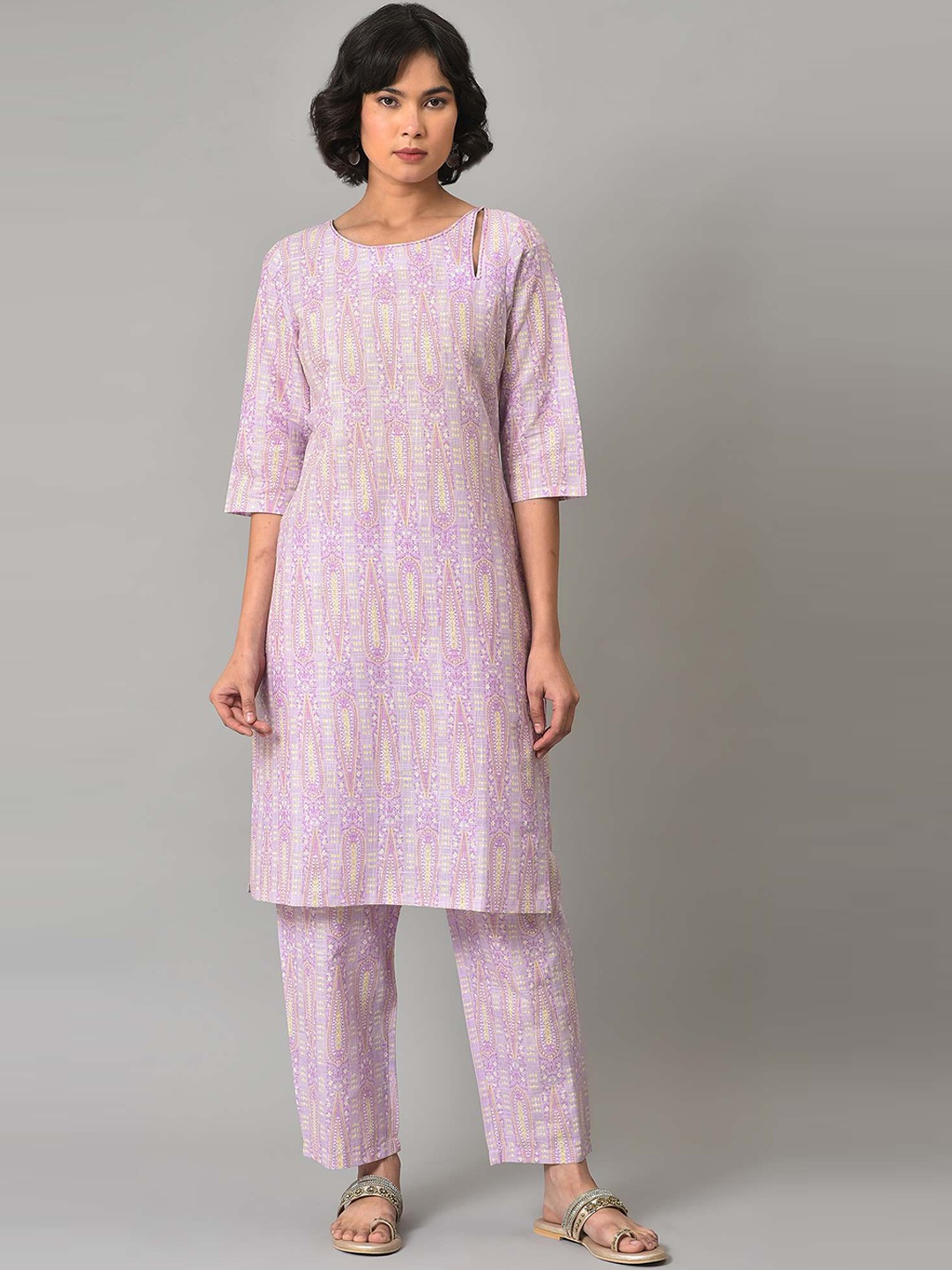 

W Ethnic Motifs Printed Pure Cotton Kurta with Trousers, Pink