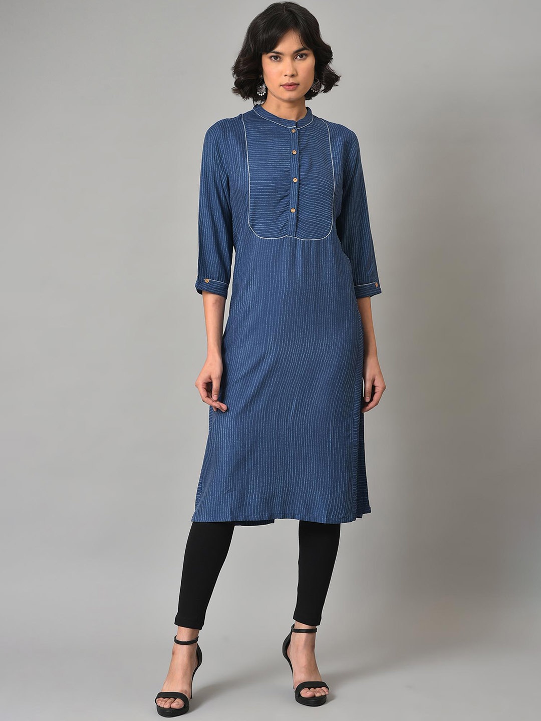 

W Striped Mandarin Collar Kurta, Blue