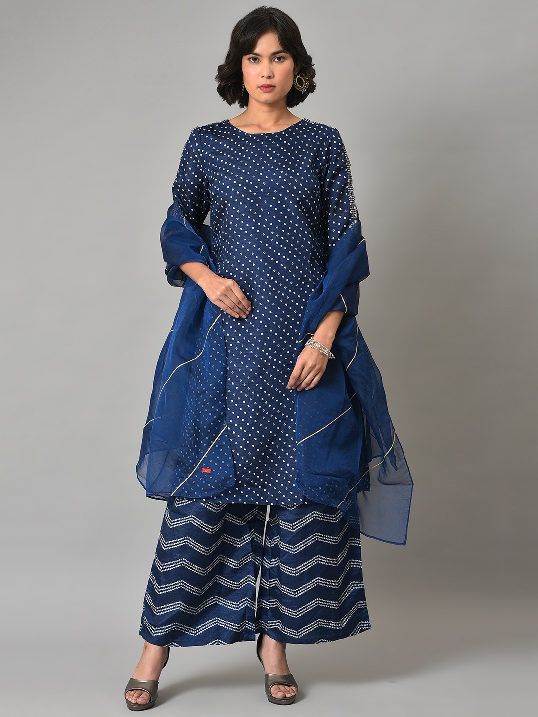 

W Festive Bandhani Print Silk Kurta With Palazzos & Dupatta, Navy blue