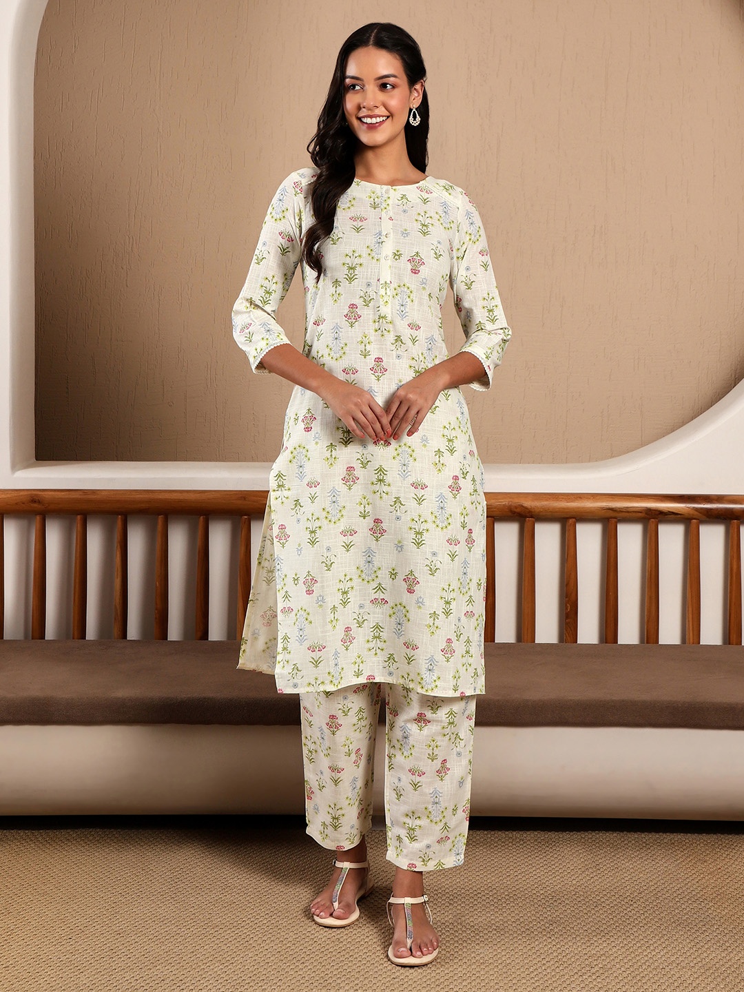 

W Floral Print Cotton Kurta Set With Slim Pant, Off white