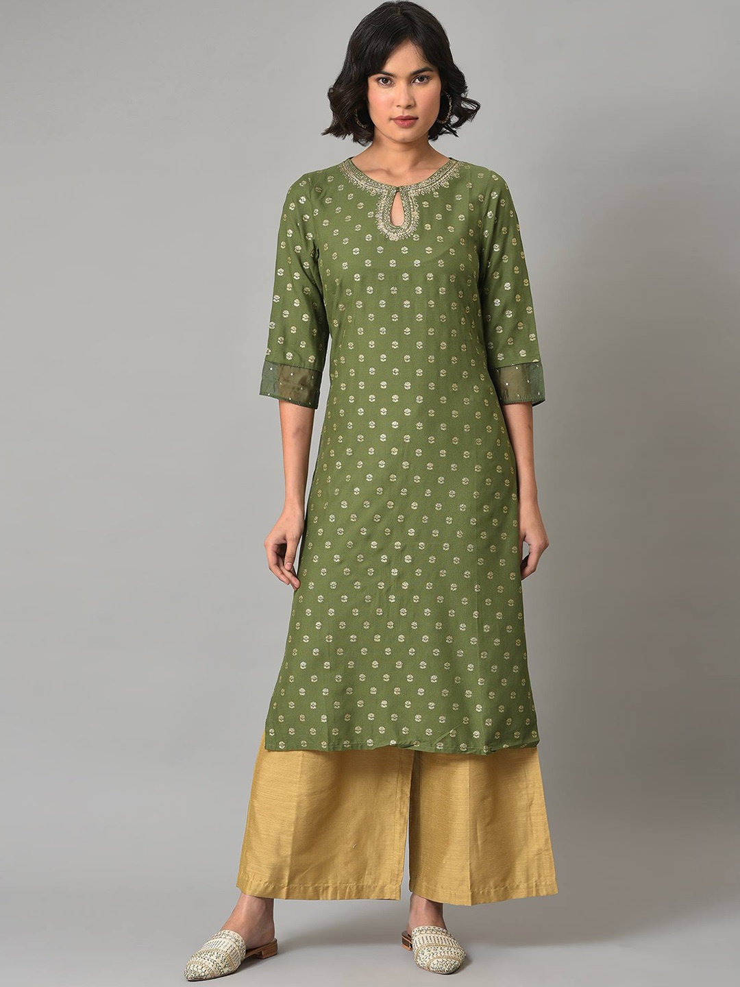 

W Women Ethnic Motifs Printed Sequinned Kurta with Palazzos, Olive