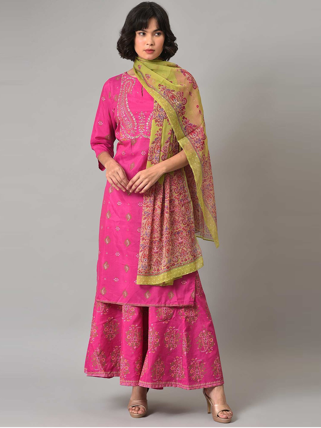

W Festive Floral Print Shantung Kurta With Cullotes & Dupatta, Pink