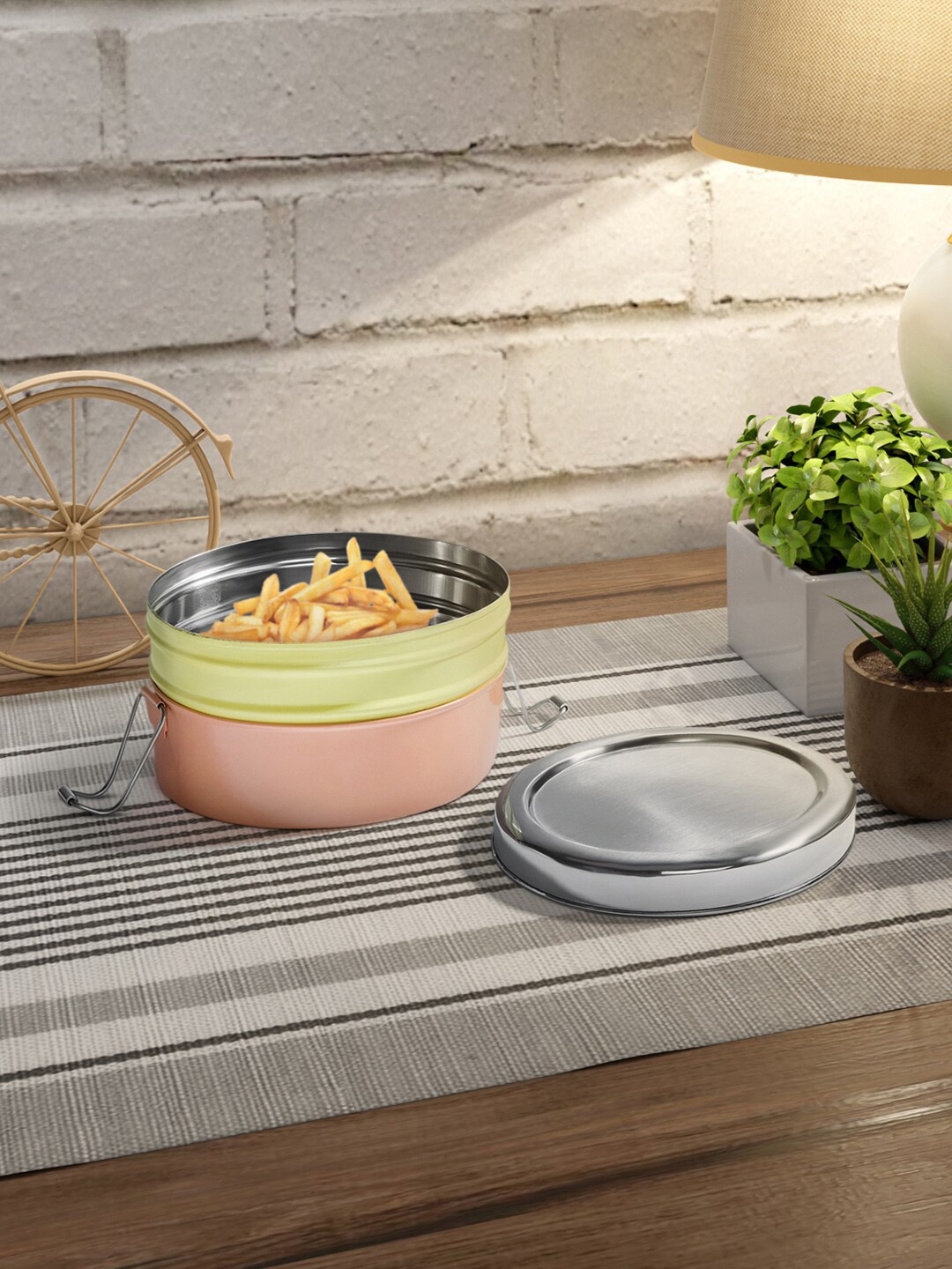 

Living scapes by Pantaloons Yellow & Coral Pink Stainless Steel Lunch Box