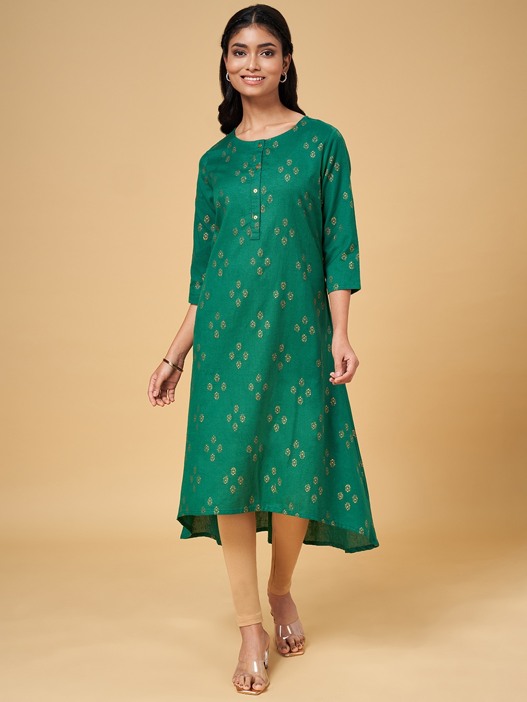 

YU by Pantaloons Women Green & Gold-Toned Ethnic Motifs Printed Pure Cotton Kurta