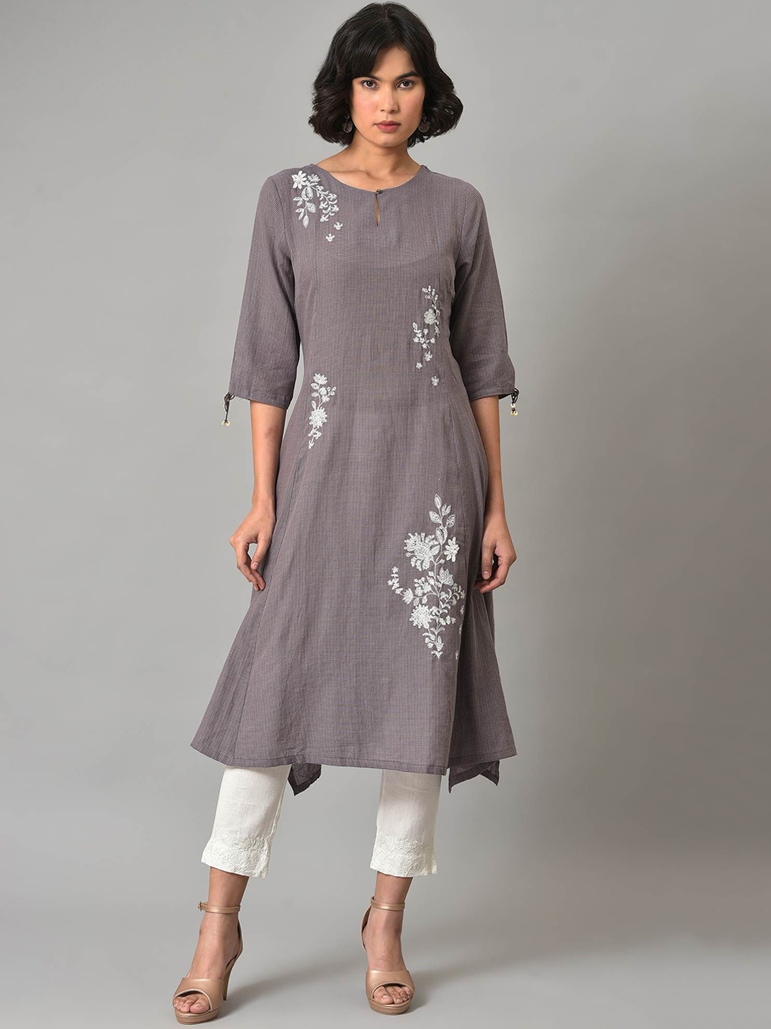 

W Floral Embroidered Pure Cotton Kurta with Trousers, Grey