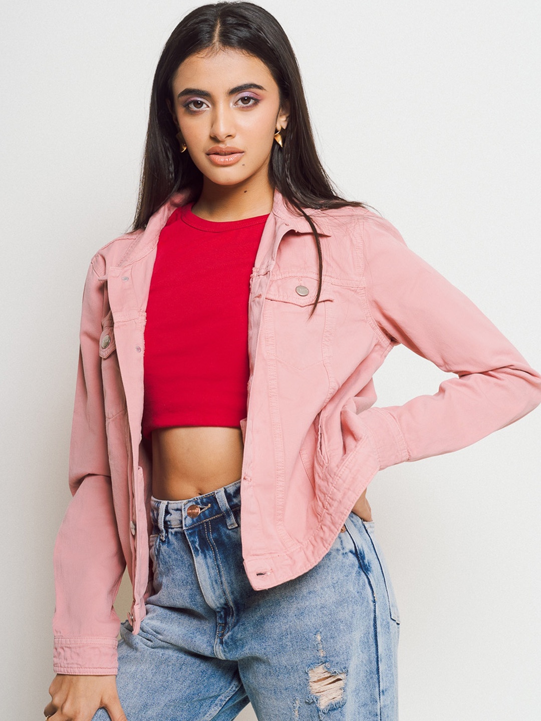 

FREAKINS Women Crop Denim Jacket, Coral