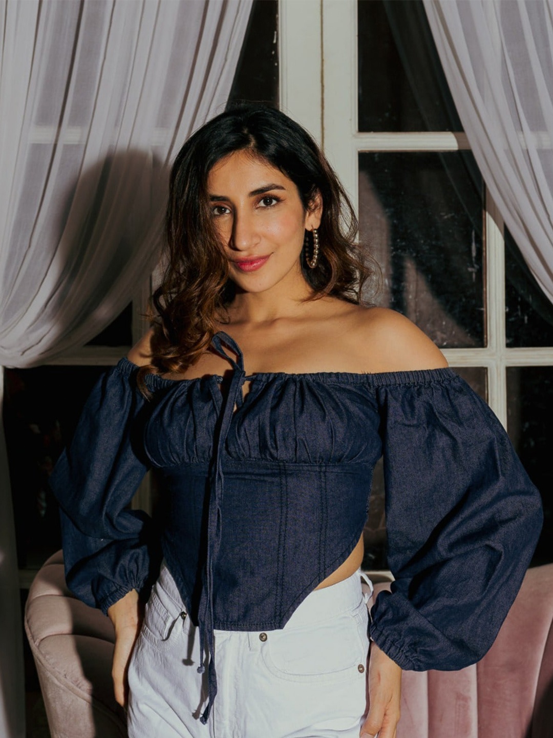 

FREAKINS Blue Off-Shoulder Bardot Cotton Crop Top
